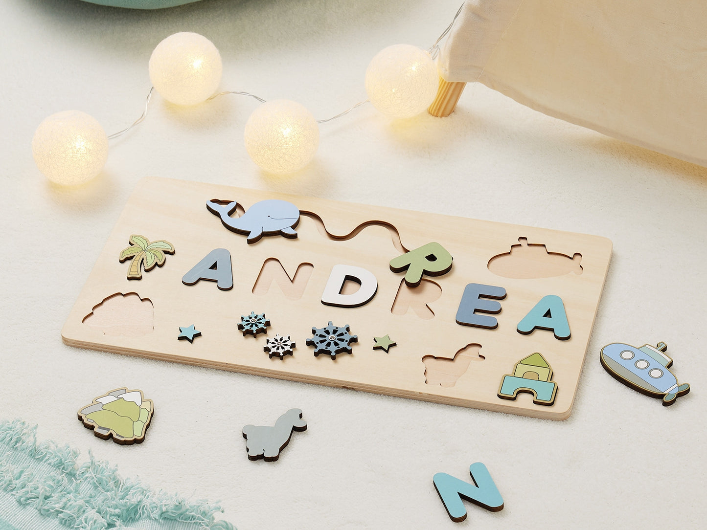 Personalized Wooden Baby Name Puzzle-Custom name toy-Blue Whale