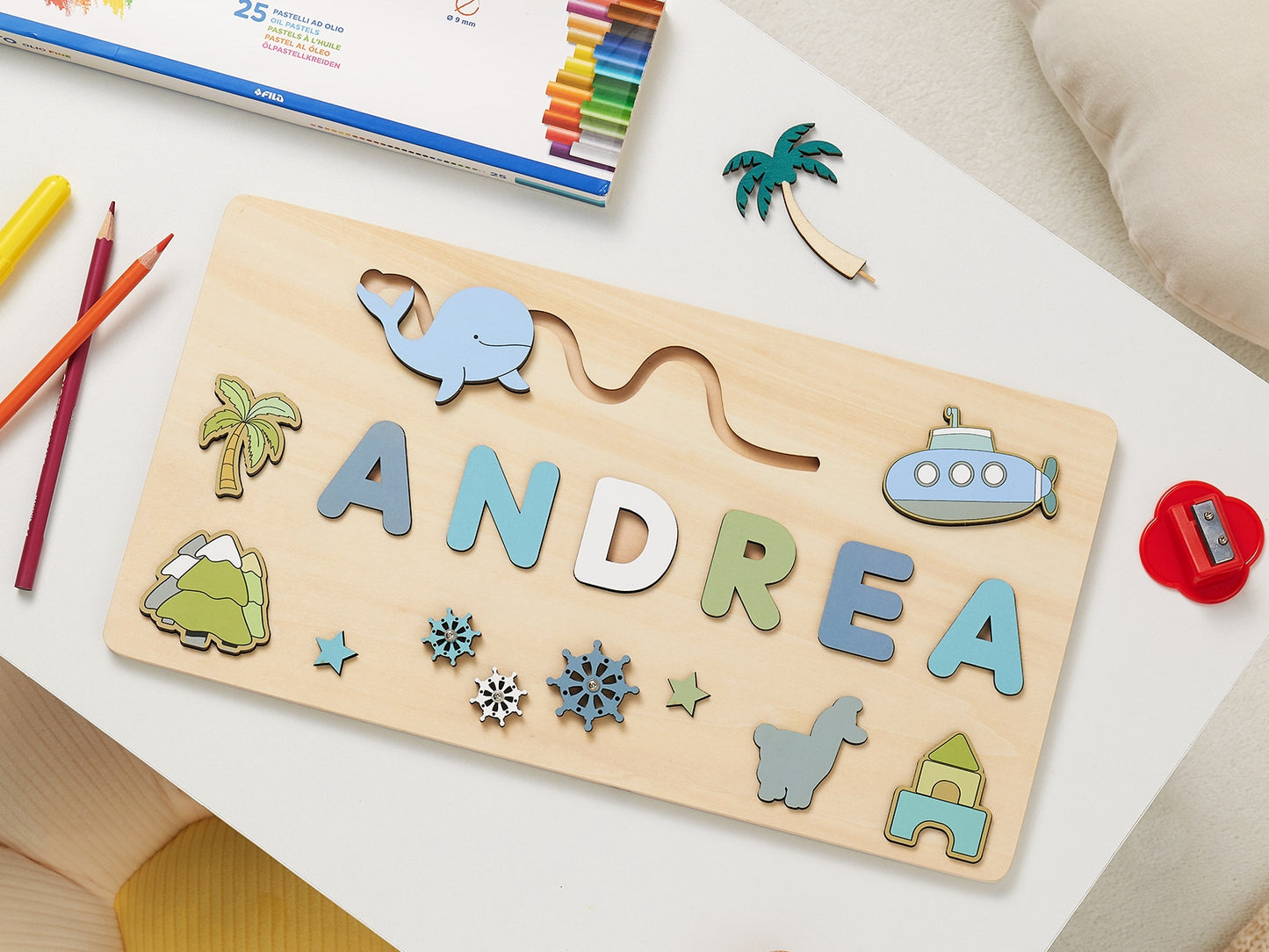 Personalized Wooden Baby Name Puzzle-Custom name toy-Blue Whale