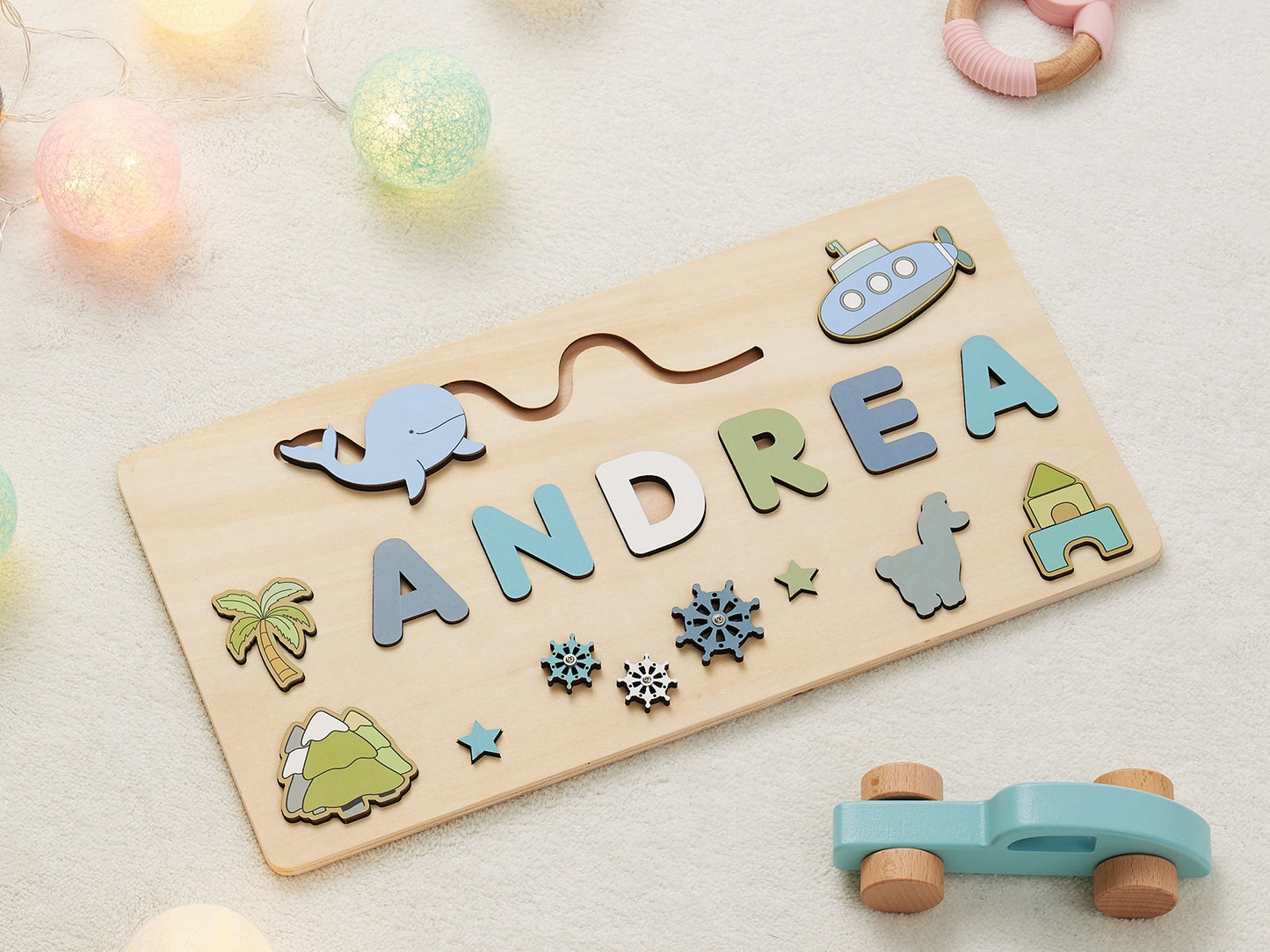 Personalized Wooden Baby Name Puzzle-Custom name toy-Blue Whale