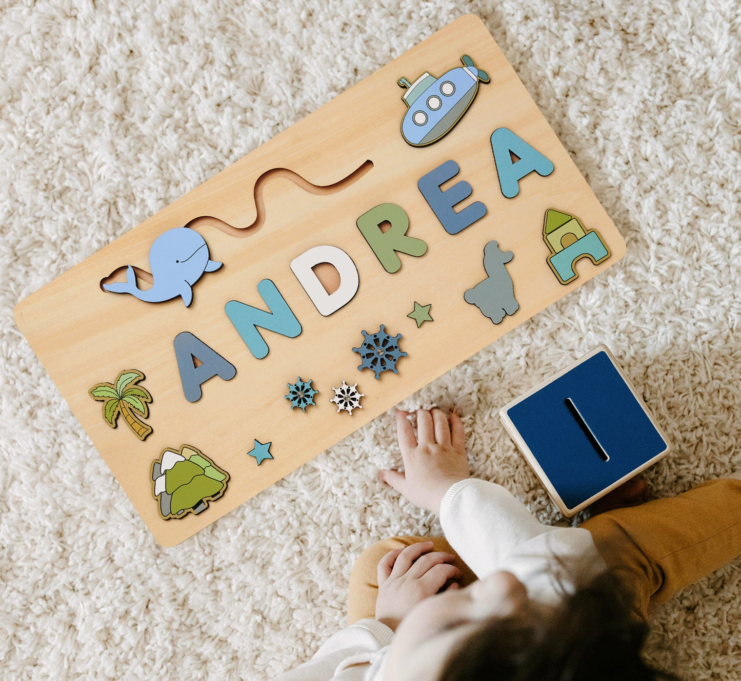 Personalized Wooden Baby Name Puzzle-Custom name toy-Blue Whale